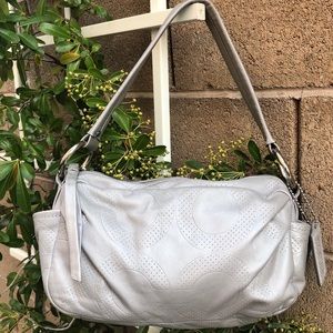 Silver Metallic Perforated Coach Logo Shoulder Bag